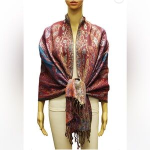 609. Fringed Pashmina Mutli Color Blue/Burgundy/ Metallic Silver NEW Item NWT
